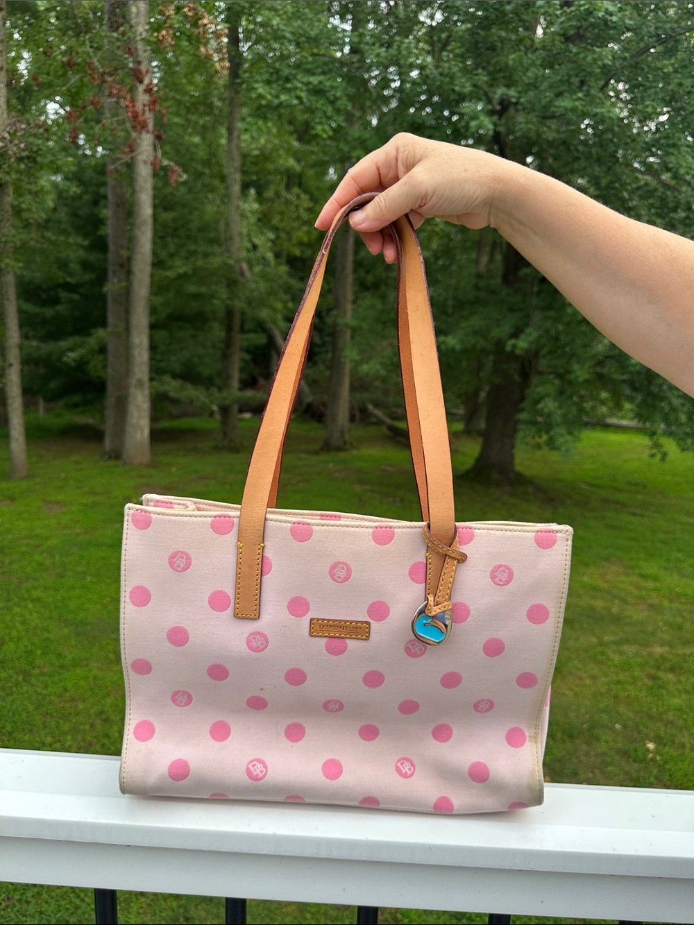 Dooney & Bourke East/West Pink Polka Dot Tote Bag with Tan Straps - Picture 4 of 15